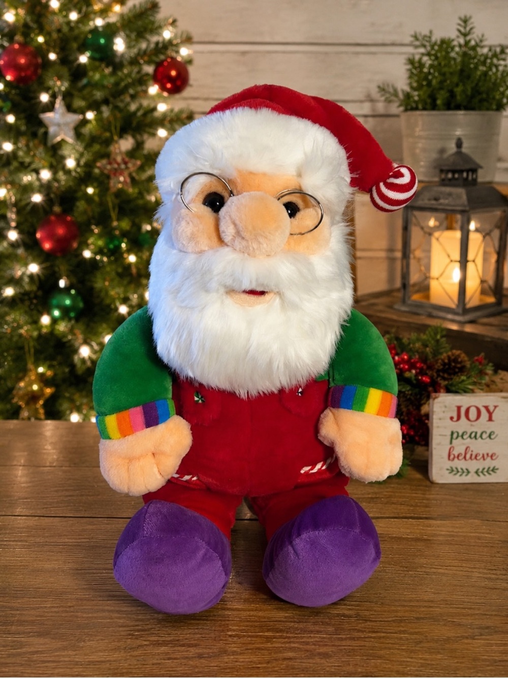 Vtg 90’s Sugar Plum Junction Santa Plush Rainbow Cuffs Purple Feet 19.5” Large